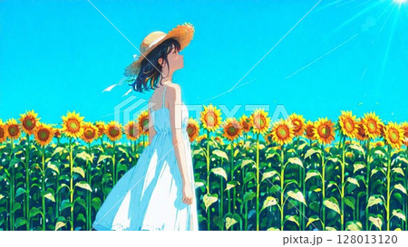 ひまわり畑に立つ女性 128013120