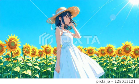 ひまわり畑に立つ女性 128013121