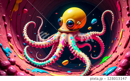 A colorful octopus with its tentacles spread out. The scene featuring a colorful octopus in a diving helmet is a surreal, colorful environment filled with various spherical and star-shaped objects. 128013147