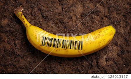 Yellow Banana Featuring Barcode Symbol on Soil Background Unique Concept Yellow Banana Featuring Barcode Symbol on Soil Background Unique Concept 128013157