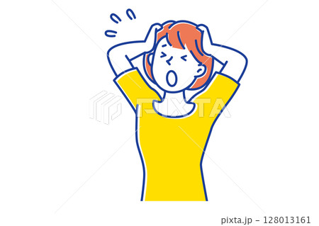 ショックで頭を抱える若い女性のイラスト 128013161