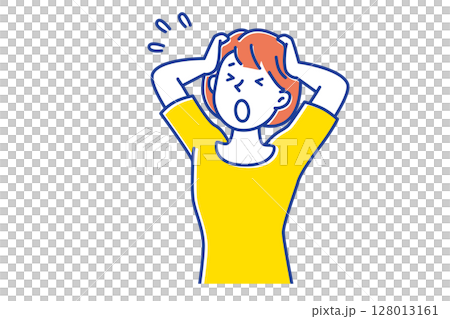 ショックで頭を抱える若い女性のイラスト 128013161