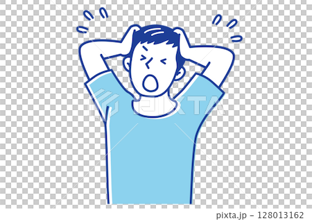 Illustration of a young man holding his head in shock Illustration of a young man holding his head in shock 128013162