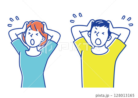 ショックで頭を抱える若い男性と若い女性のイラスト 128013165