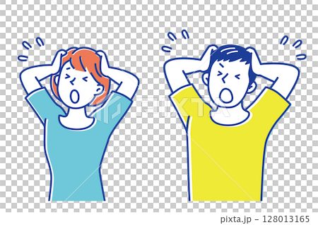 ショックで頭を抱える若い男性と若い女性のイラスト 128013165