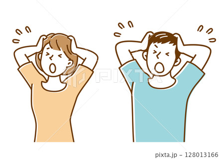 ショックで頭を抱える若い男性と若い女性のイラスト 128013166