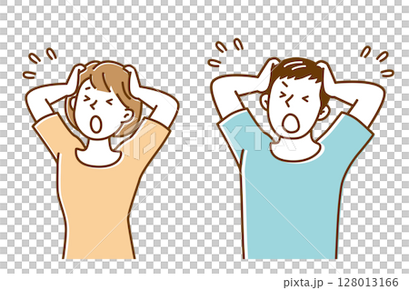 Illustration of a young man and young woman holding their heads in shock 128013166