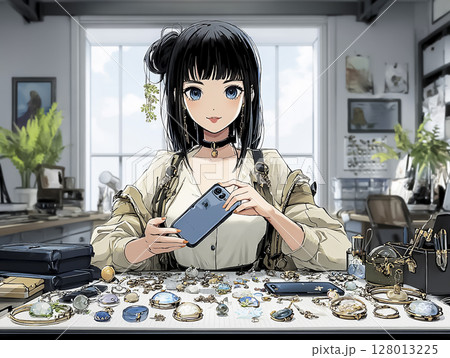 スマートフォンをデコレーションする女性のイラスト素材 128013225
