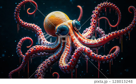 A colorful octopus with its tentacles spread out. The scene featuring a colorful octopus in diving goggles is a surreal, colorful environment filled with various spherical and star-shaped objects. A colorful octopus with its tentacles spread out. The scene featuring a colorful octopus in diving goggles is a surreal, colorful environment filled with various spherical and star-shaped objects. 128013248