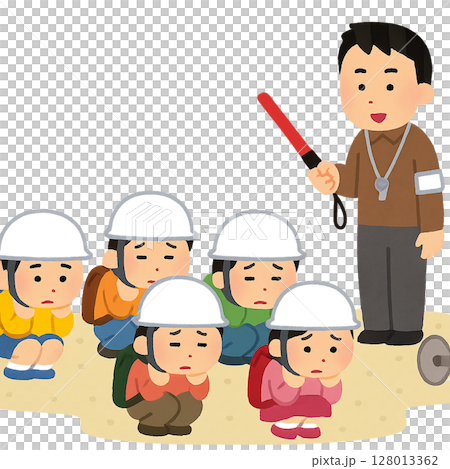 防災訓練・子どもたちと先生 128013362