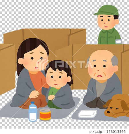 一家人坐在避難所的場景 一家人坐在避難所的場景 128013363