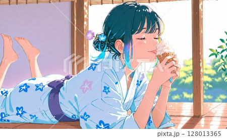 ソフトクリームを手に持つ浴衣の若い女性 128013365