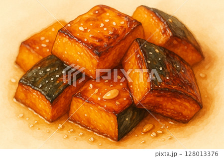 Close-Up of Caramelized Roasted Kabocha with Sesame 128013376