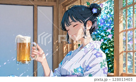 縁側でビールを飲む浴衣姿の女性 縁側でビールを飲む浴衣姿の女性 128013403