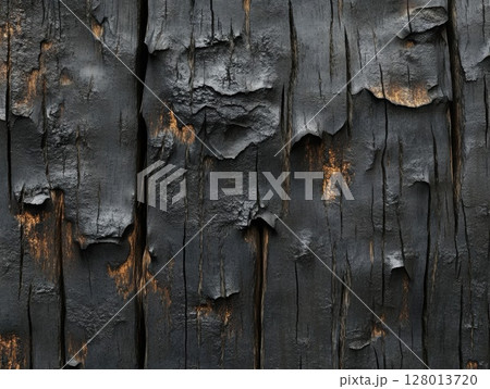 Charred Wood Texture: A Close-Up Look at Burned Wooden Surface 128013720