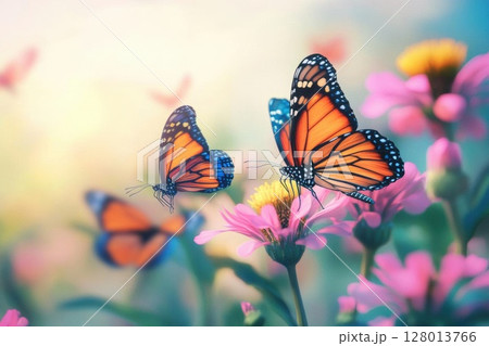 Monarch Butterflies on Pink Flowers in a Sunny Meadow 128013766