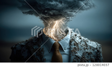 Mental health, depression metaphor concept. A surreal image of a person in business attire with a storm cloud and lightning replacing their head Mental health, depression metaphor concept. A surreal image of a person in business attire with a storm cloud and lightning replacing their head 128014037