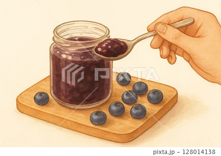 Hand Holding Spoon of Blueberry Jam Hand Holding Spoon of Blueberry Jam 128014138