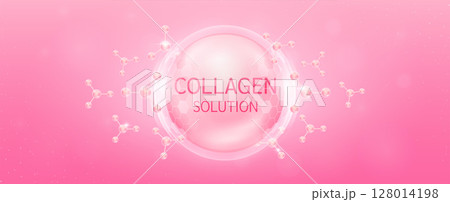 Collagen solution in transparent hexagonal dome with surrounding molecules atom pink. Banner for cosmetic products ads. Vitamins complex from nature. Medical health care skin protection. Vector EPS10. 128014198