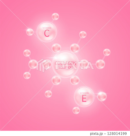 Collagen solution and vitamin C, E in molecules atom pink. For design cosmetics products. Vitamins complex from nature. Medical health care skin protection. 3D Vector EPS10. 128014199
