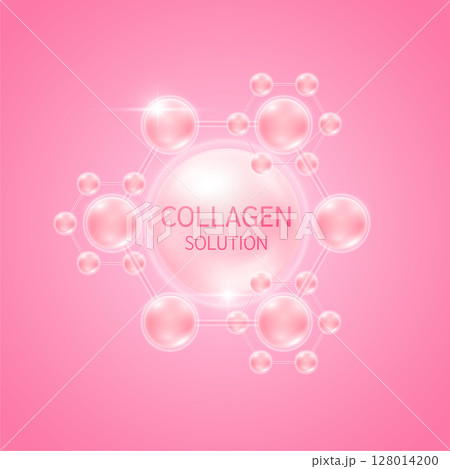 Collagen solution in molecules atom pink. For design cosmetics products. Vitamins complex from nature. Medical health care skin protection. 3D Vector EPS10. 128014200