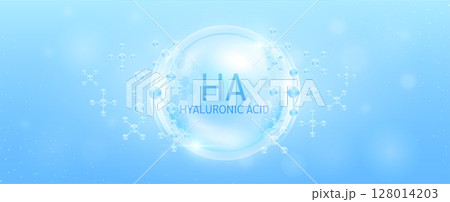 Hyaluronic acid solution in transparent hexagonal dome with surrounding molecules atom collagen blue. Banner for cosmetic products ads. Medical health care skin protection. Vector. 128014203