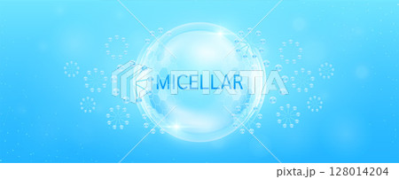 Micellar water in transparent hexagonal dome with surrounding molecules atom blue. Banner for cosmetic products ads. Facial cleanser, surfactant solution. Medical health care skin. Vector. Micellar water in transparent hexagonal dome with surrounding molecules atom blue. Banner for cosmetic products ads. Facial cleanser, surfactant solution. Medical health care skin. Vector. 128014204