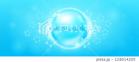 Moisturizing solution in transparent hexagonal dome with surrounding molecules atom collagen blue. Banner for cosmetic products ads. Medical health care skin protection. Vector. Moisturizing solution in transparent hexagonal dome with surrounding molecules atom collagen blue. Banner for cosmetic products ads. Medical health care skin protection. Vector. 128014205