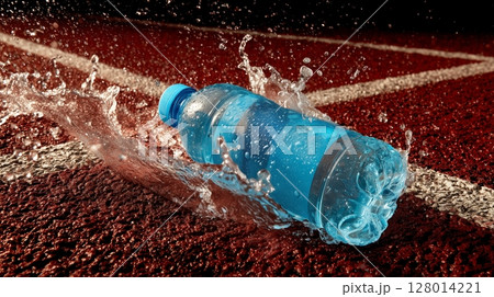 A blue drink bottle crossing a finish line and water splash. A blue drink bottle crossing a finish line and water splash. 128014221
