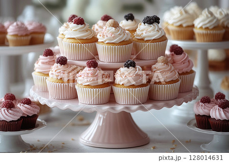 Various cakes in neutral tones on dessert stand with soft lighting. 128014631