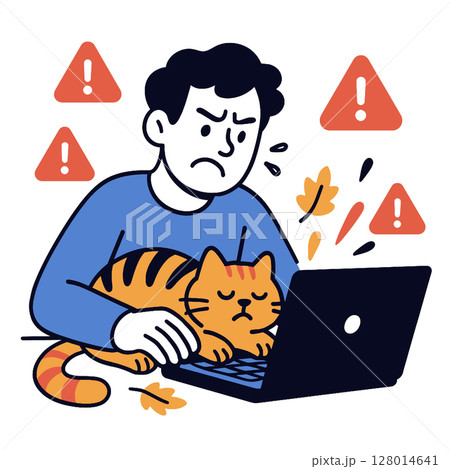 Frustrated person working on laptop with sleeping cat, surrounded by warning signs 128014641