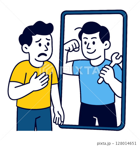 Self improvement concept with person looking at confident reflection in mirror 128014651