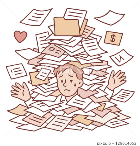 Overwhelmed person surrounded by paperwork, expressing stress and confusion 128014652
