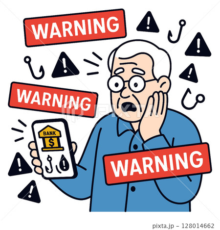Concerned elderly man holding phone with bank warning about scams, feeling alarmed and anxious 128014662