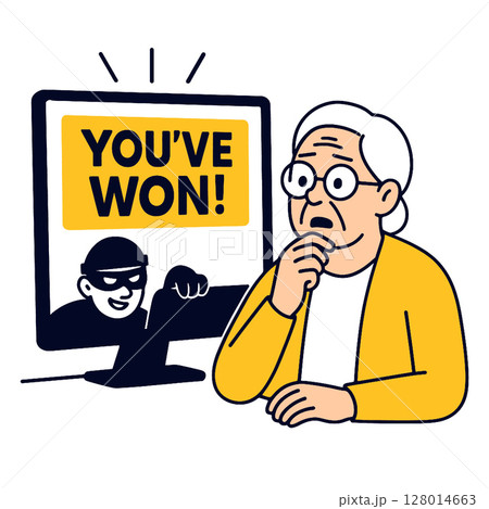 Surprised elderly person looking at computer screen displaying scam message Surprised elderly person looking at computer screen displaying scam message 128014663