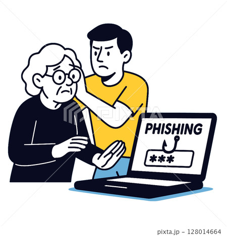 Illustration of concerned elderly woman and young man warning her about phishing scams 128014664
