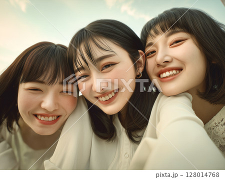 AI生成画像 自撮りをするz世代の女の子3人の顔のアップ AI生成画像 自撮りをするz世代の女の子3人の顔のアップ 128014768