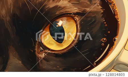 コーヒーカップを覗き込む黒猫の好奇心あふれる表情のイラスト背景 コーヒーカップを覗き込む黒猫の好奇心あふれる表情のイラスト背景 128014803