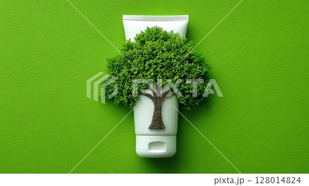 Eco-Friendly Skincare Concept with Tree Design on Green Background 128014824