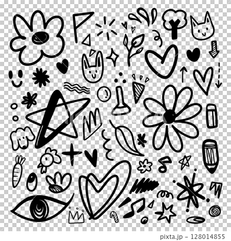 Doodle hand drawn outline for illustration. Element of flower, heart, cat, rabbit, sparkle and abstract Doodle hand drawn outline for illustration. Element of flower, heart, cat, rabbit, sparkle and abstract 128014855