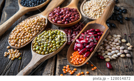 Assortment of beans and lentils in wooden spoon on wooden background. 128014872