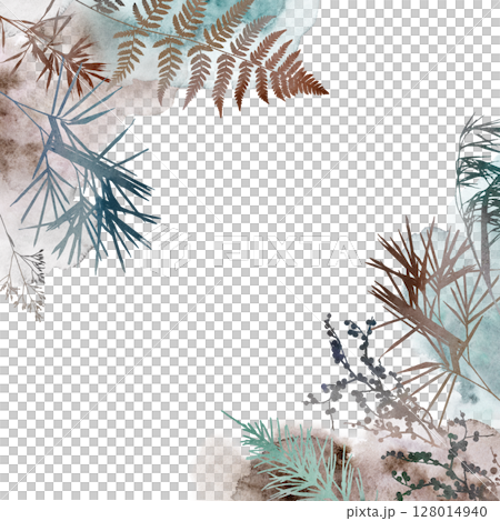 Watercolor boho autumn floral border with dried leaves in earthy tones, wedding illustration 128014940