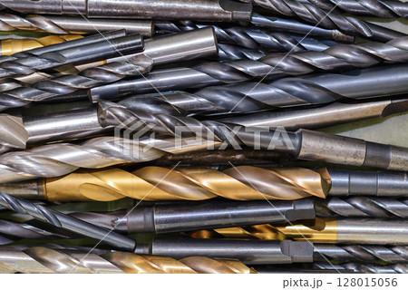 Close-up scene group of drill tools in the container box. Close-up scene group of drill tools in the container box. 128015056