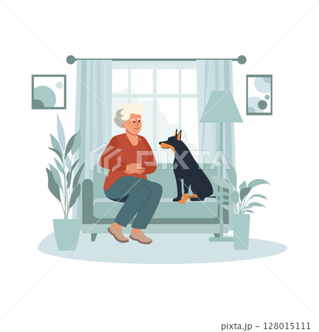 Elderly woman sitting with dog in cozy living room setting with large window and plants Elderly woman sitting with dog in cozy living room setting with large window and plants 128015111