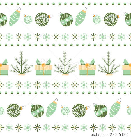 Christmas pattern with ornaments, gifts, snowflakes, and pine branches on white background Christmas pattern with ornaments, gifts, snowflakes, and pine branches on white background 128015122