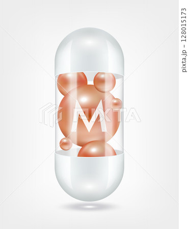 Vitamin M orange inside capsule pill transparent white. Health care beauty enhancement neutralize free radicals. Used for nutrition products food template design. 3D Realistic Vector EPS10. 128015173