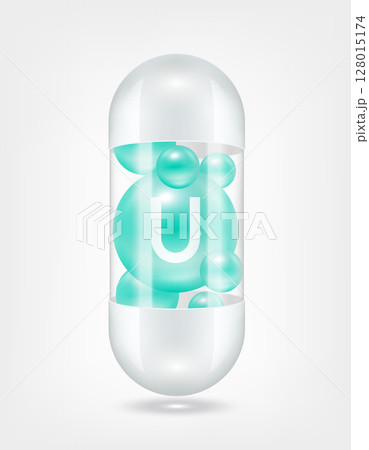 Vitamin U green inside capsule pill transparent white. Health care beauty enhancement neutralize free radicals. Used for nutrition products food template design. 3D Realistic Vector EPS10. 128015174