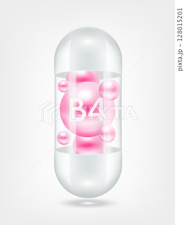 Vitamin B4 pink inside capsule pill transparent white. Health care beauty enhancement neutralize free radicals. Used for nutrition products food template design. 3D Realistic Vector EPS10. 128015201