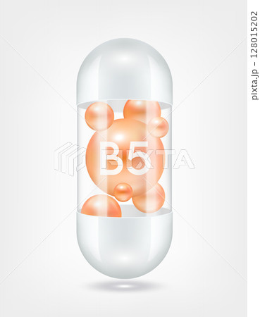 Vitamin B5 orange inside capsule pill transparent white. Health care beauty enhancement neutralize free radicals. Used for nutrition products food template design. 3D Realistic Vector EPS10. 128015202