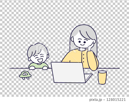 子供と会話をしながら仕事をする女性 子供と会話をしながら仕事をする女性 128015221